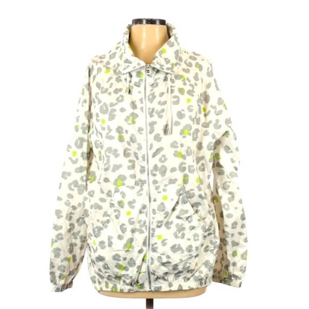Liz Claiborne S white green neon animal print zip up elastic waist rain jacket